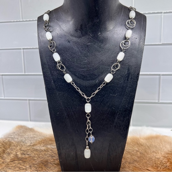 Handmade Chainmail Necklace w/ White Art Glass Beads Charm Pendant - Picture 4 of 12